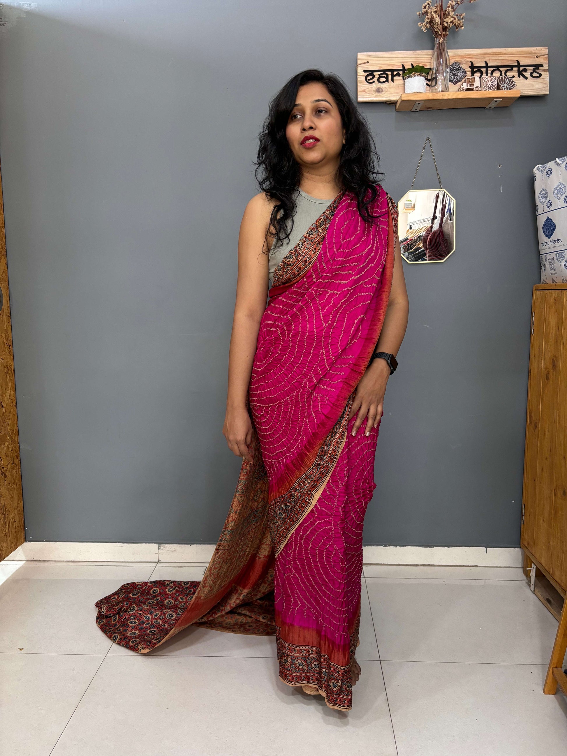 Rani Pink Ajrakh Bandhani Pure Gaji Silk Saree - Earthy Blocks