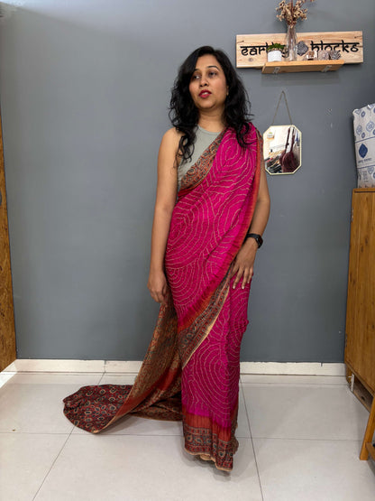 Rani Pink Ajrakh Bandhani Pure Gaji Silk Saree - Earthy Blocks