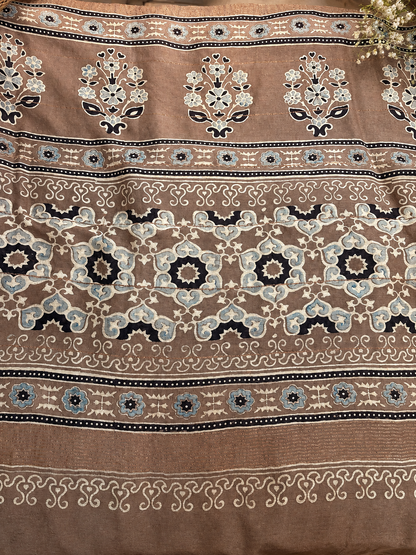 SHAAM — Brown Ajrakh Hand Block Printed Maheshwari Saree