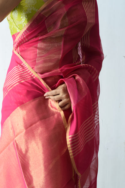 GEHNA — Rani Pink Gold Stripe Chanderi Silk Cotton Saree