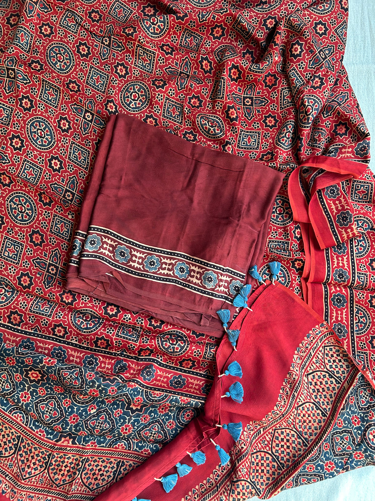 Red Ajrakh Modal Silk Unstitched Suit Set | Kurta Fabric with Border & Dupatta