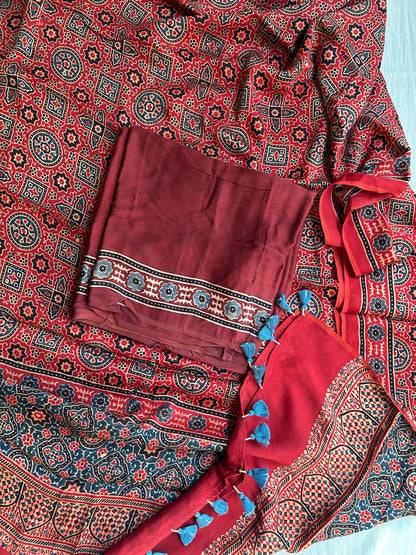 Red Ajrakh Modal Silk Unstitched Suit Set | Kurta Fabric with Border & Dupatta