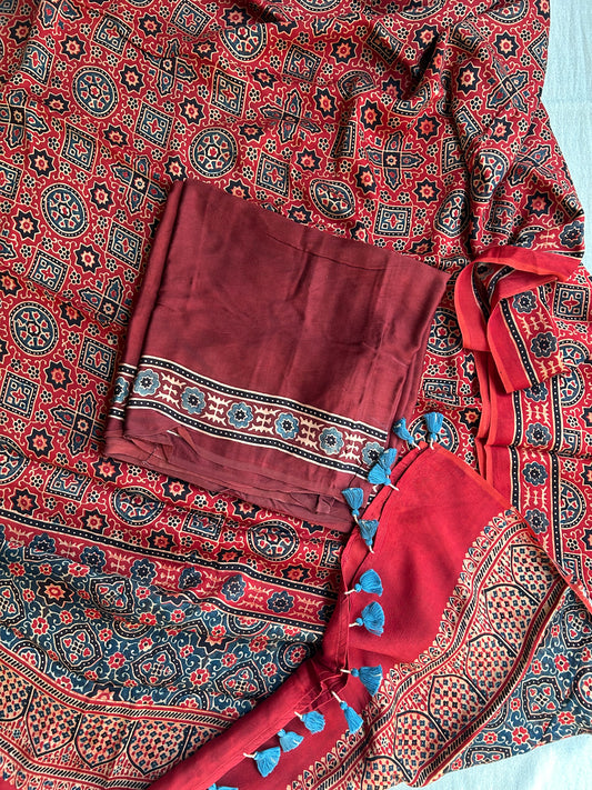 Red Ajrakh Modal Silk Unstitched Suit Set | Kurta Fabric with Border & Dupatta