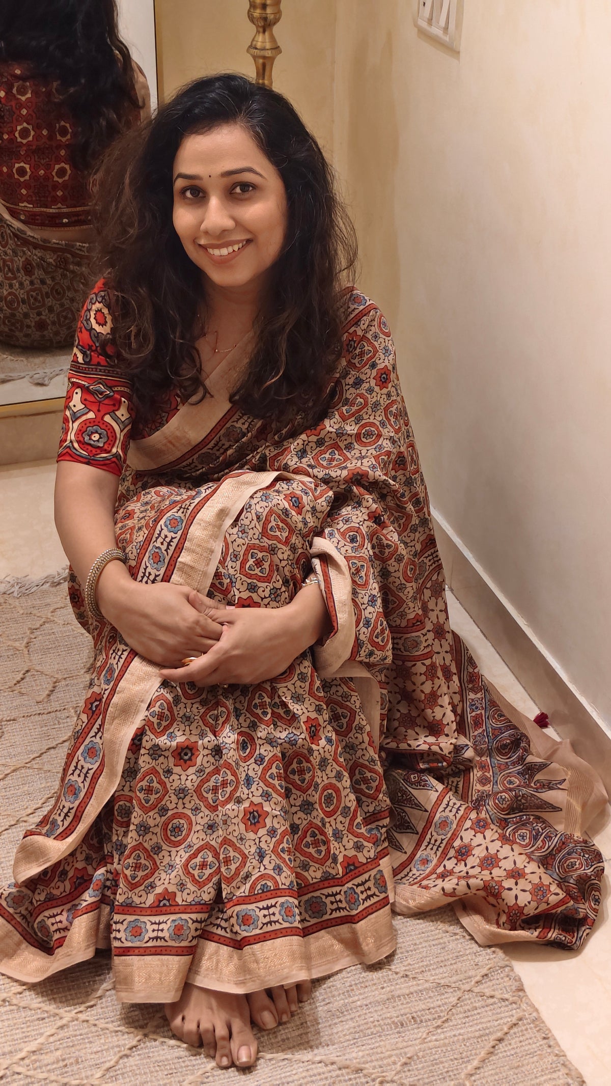 Jaal — Floral Ajrakh Hand Block Printed Maheshwari Silk Saree