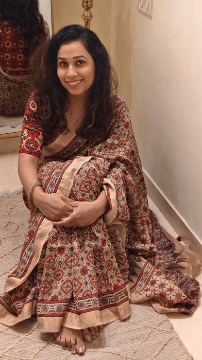 Jaal — Floral Ajrakh Hand Block Printed Maheshwari Silk Saree