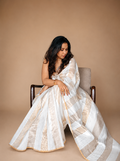 CHANDNI — Ivory White Gold Stripe Chanderi Silk Cotton Saree