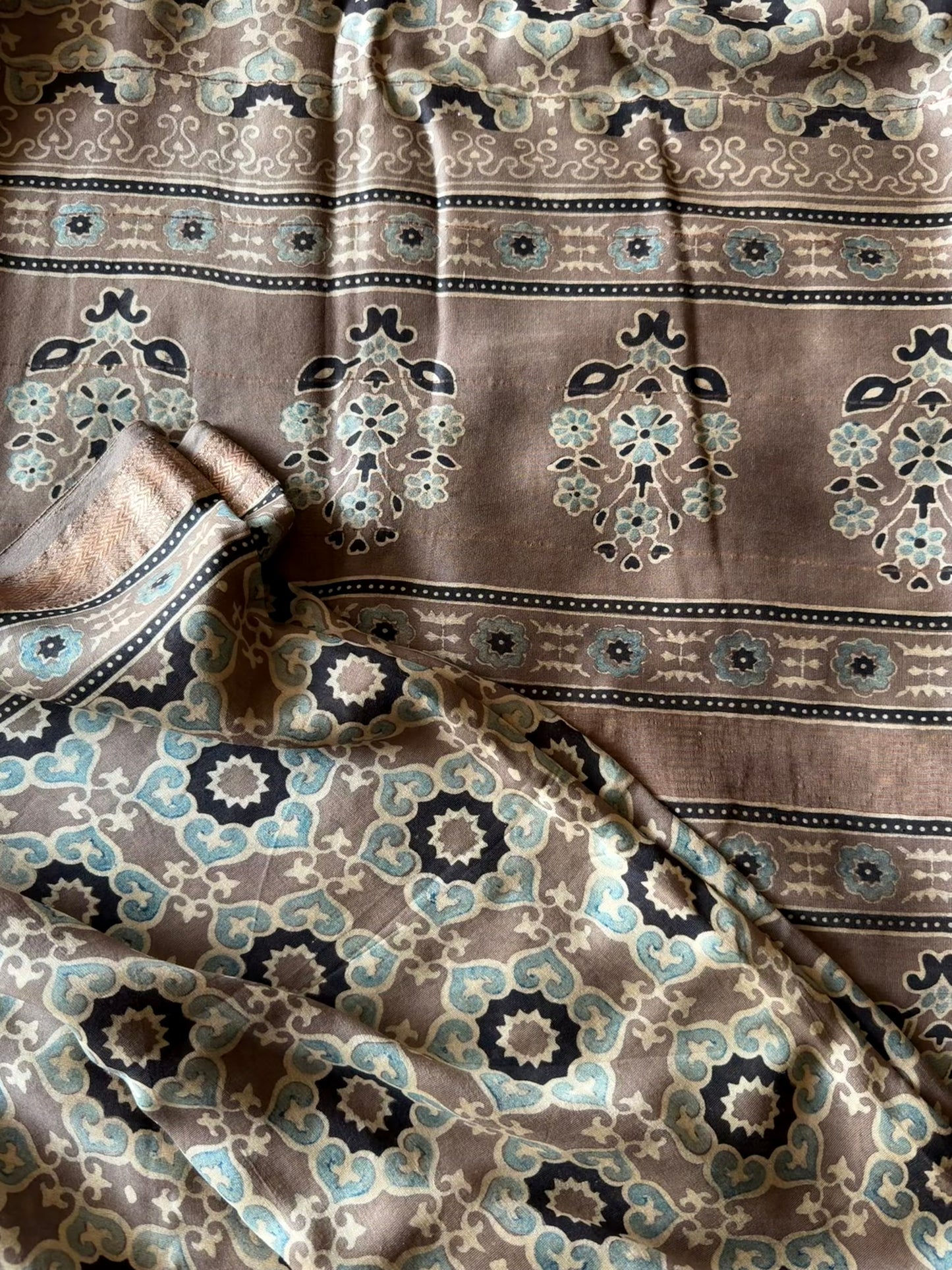 SHAAM — Brown Ajrakh Hand Block Printed Maheshwari Saree