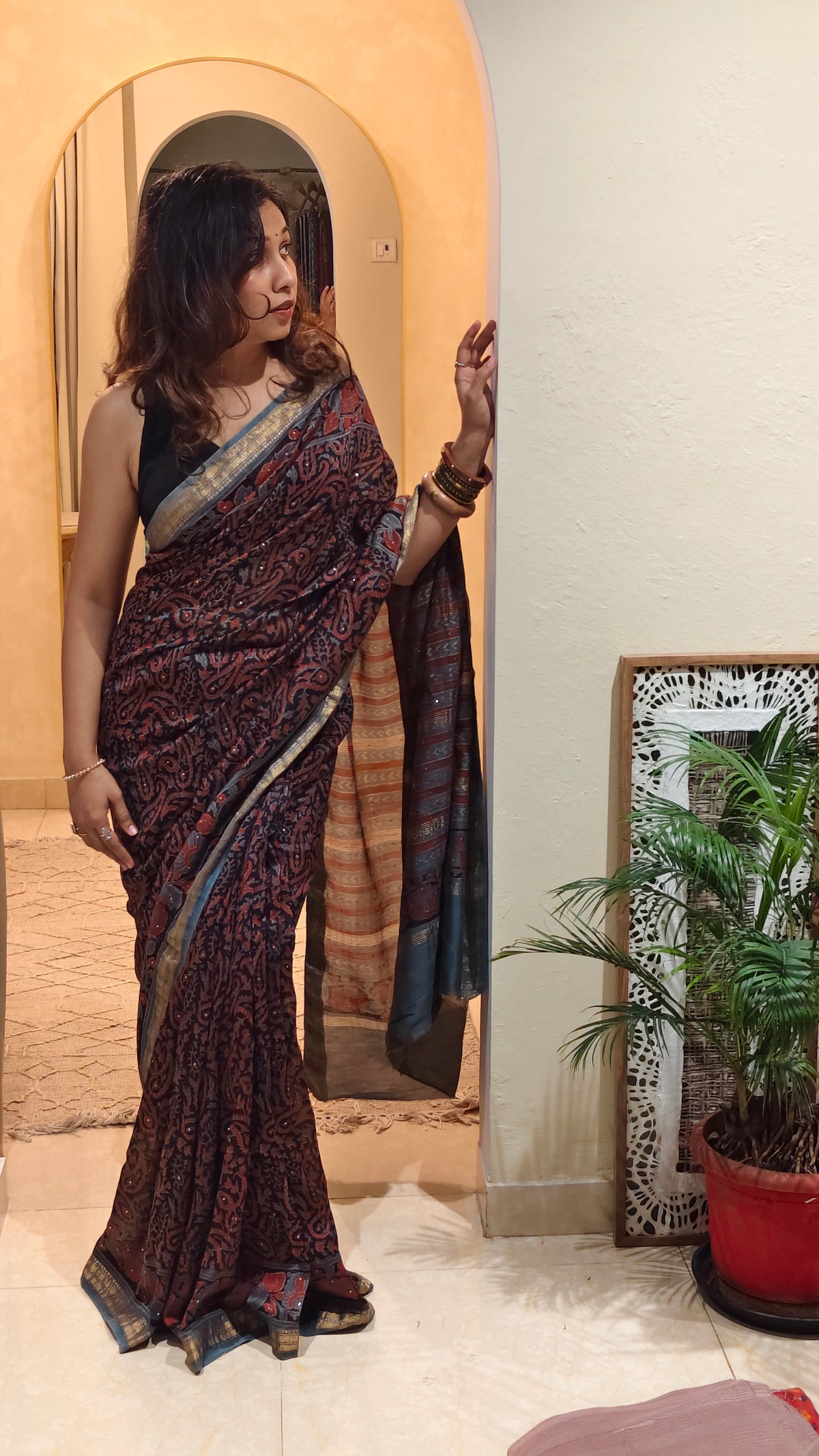 Greyish blue Chanderi Jahota print saree | Earthy Blocks