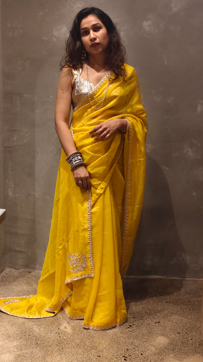 DHOOP — Sunshine Yellow Organza Silk Hand Embroidered Saree