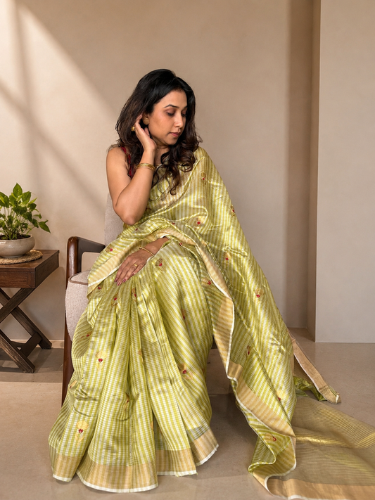 NEEM — Lime Green Silver Stripe Chanderi Silk Saree