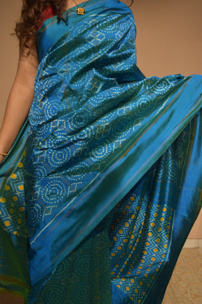 MEGHA — Teal Ikat Handloom Mulberry Silk Saree