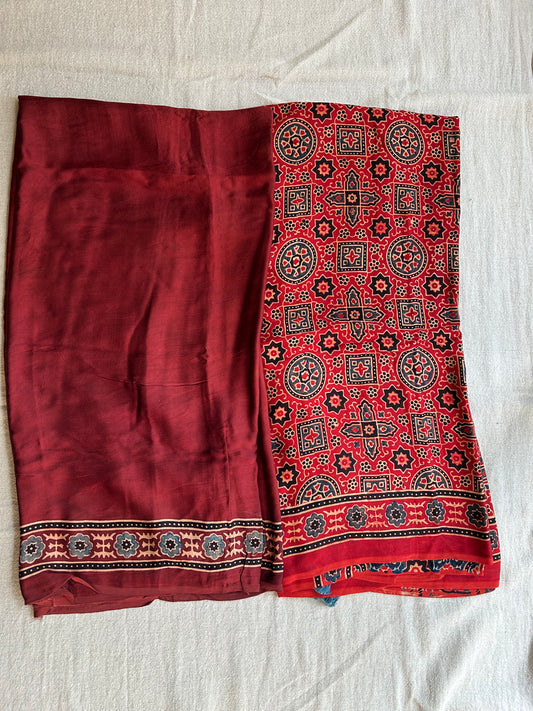 Red Ajrakh Modal Silk Unstitched Suit Set | Kurta Fabric with Border & Dupatta