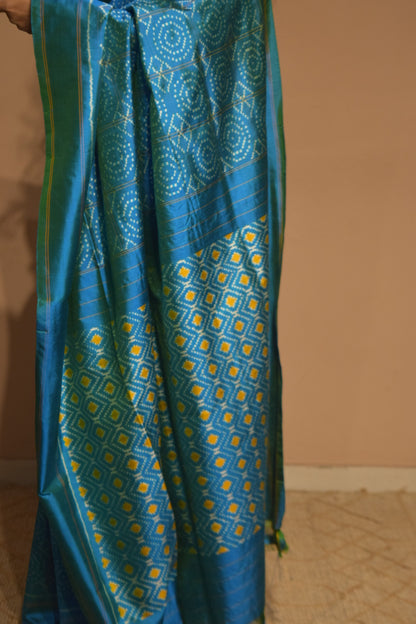 MEGHA — Teal Ikat Handloom Mulberry Silk Saree
