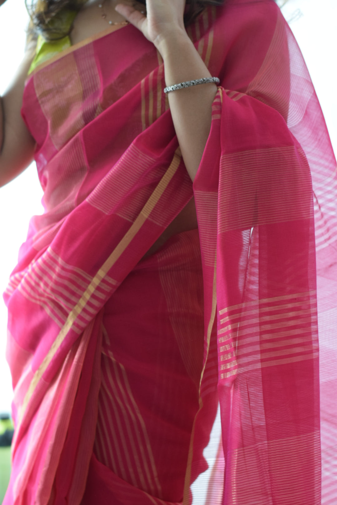 GEHNA — Rani Pink Gold Stripe Chanderi Silk Cotton Saree