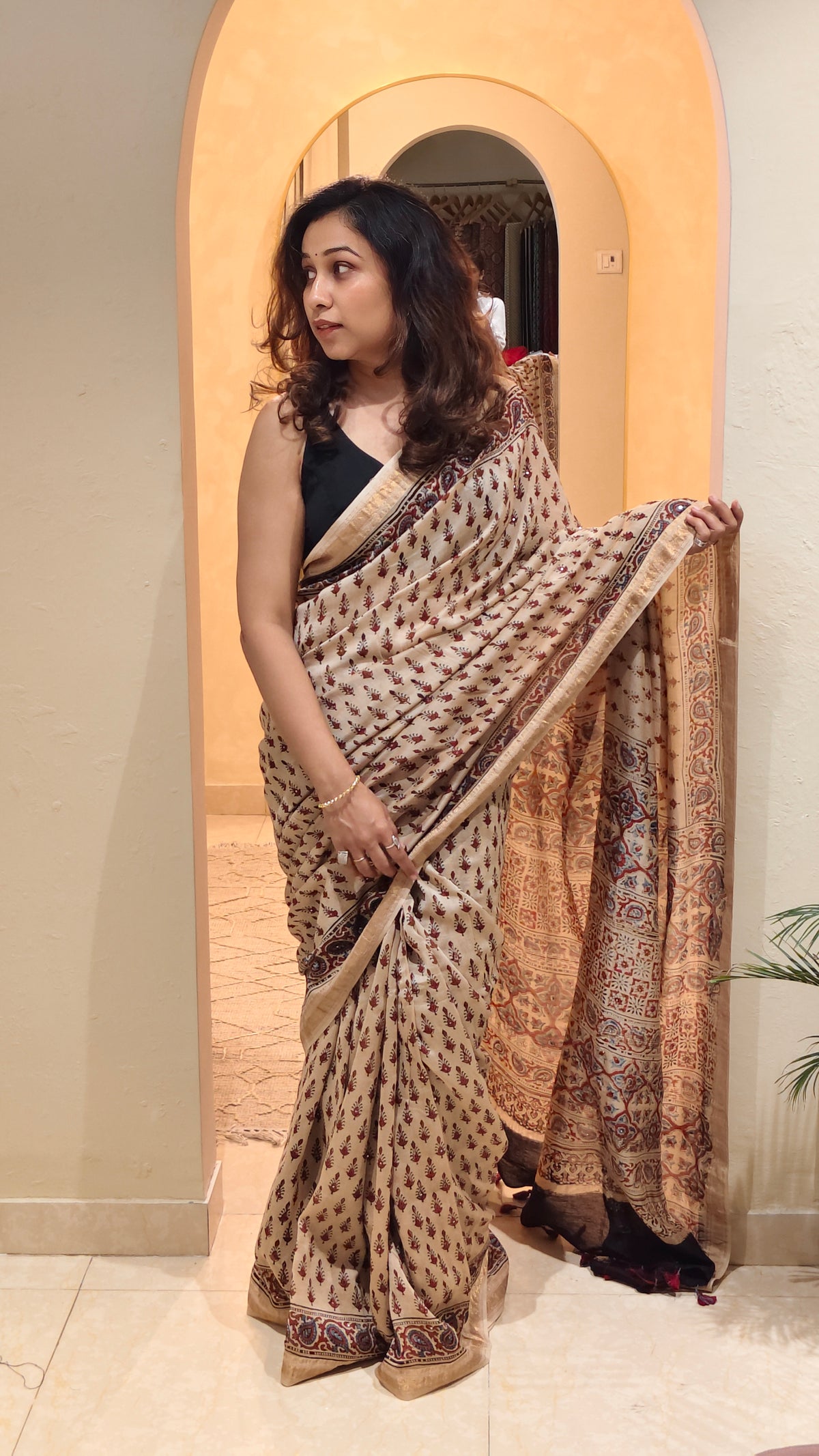 Beige Chanderi Ajrakh hand block printed saree with hand-worked badla | Earthy Blocks