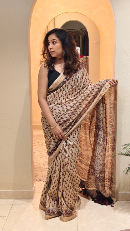 Beige Chanderi Ajrakh hand block printed saree with hand-worked badla | Earthy Blocks