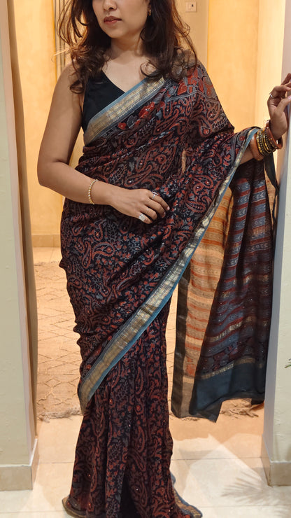 Greyish blue Chanderi Jahota print saree | Earthy Blocks