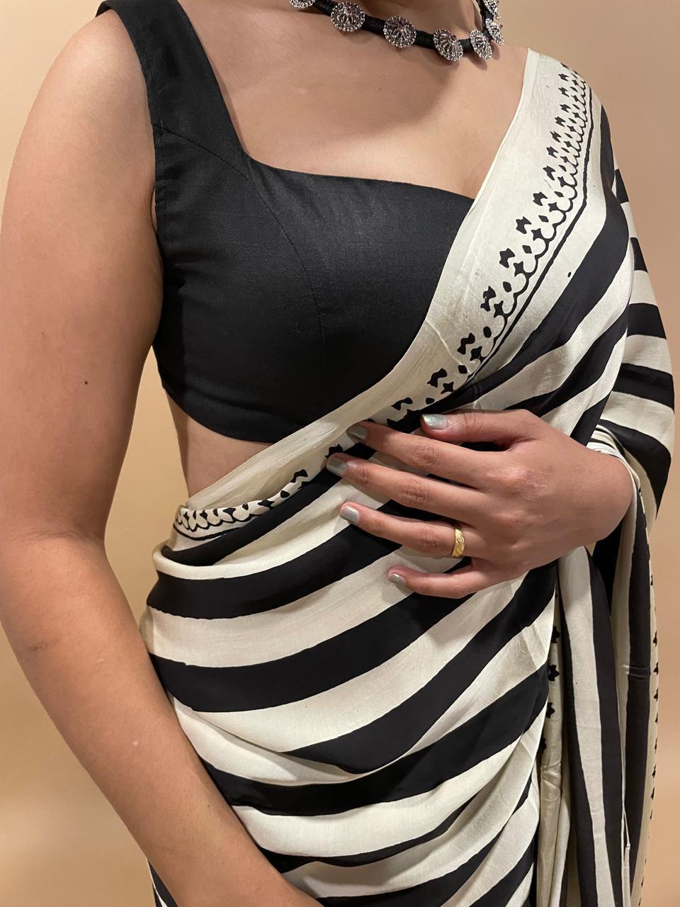 Black & Beige Stripes Ajrakh Hand Block Printed Modal Silk Saree - Earthy Blocks