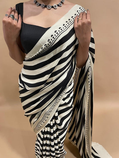 Black & Beige Stripes Ajrakh Hand Block Printed Modal Silk Saree - Earthy Blocks