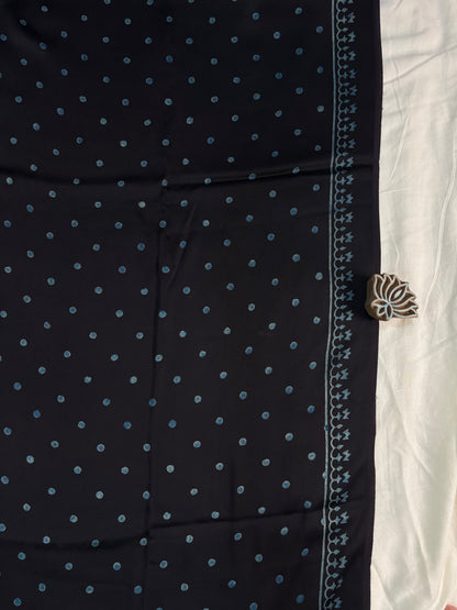 Black & Blue Polka Dots Ajrakh Hand Block Printed Saree - Earthy Blocks