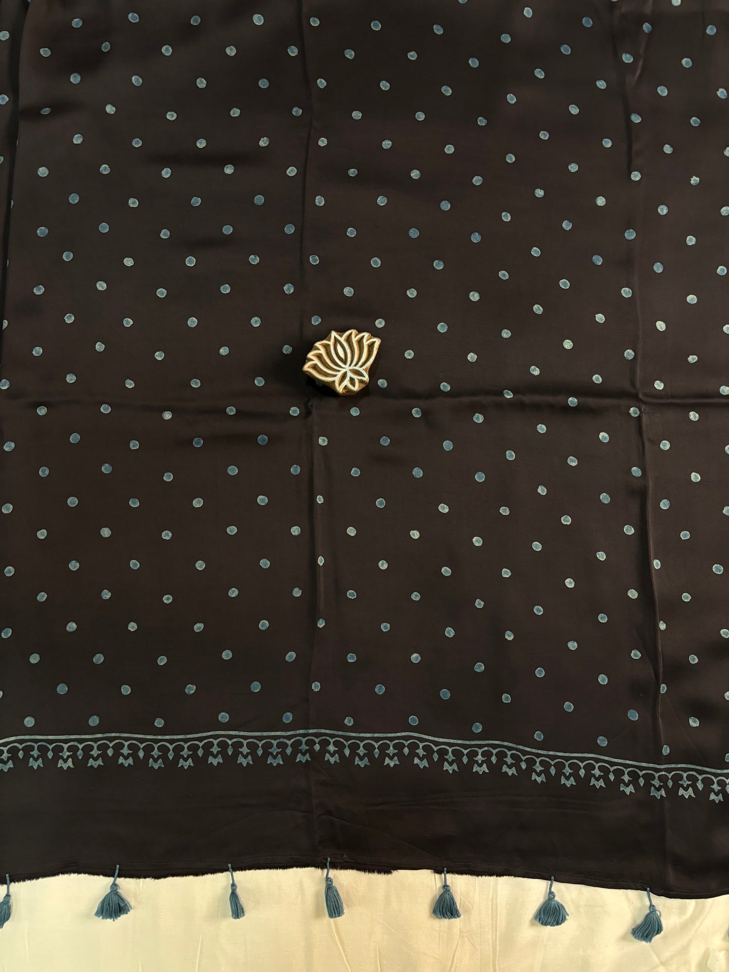 Black & Blue Polka Dots Ajrakh Hand Block Printed Saree - Earthy Blocks