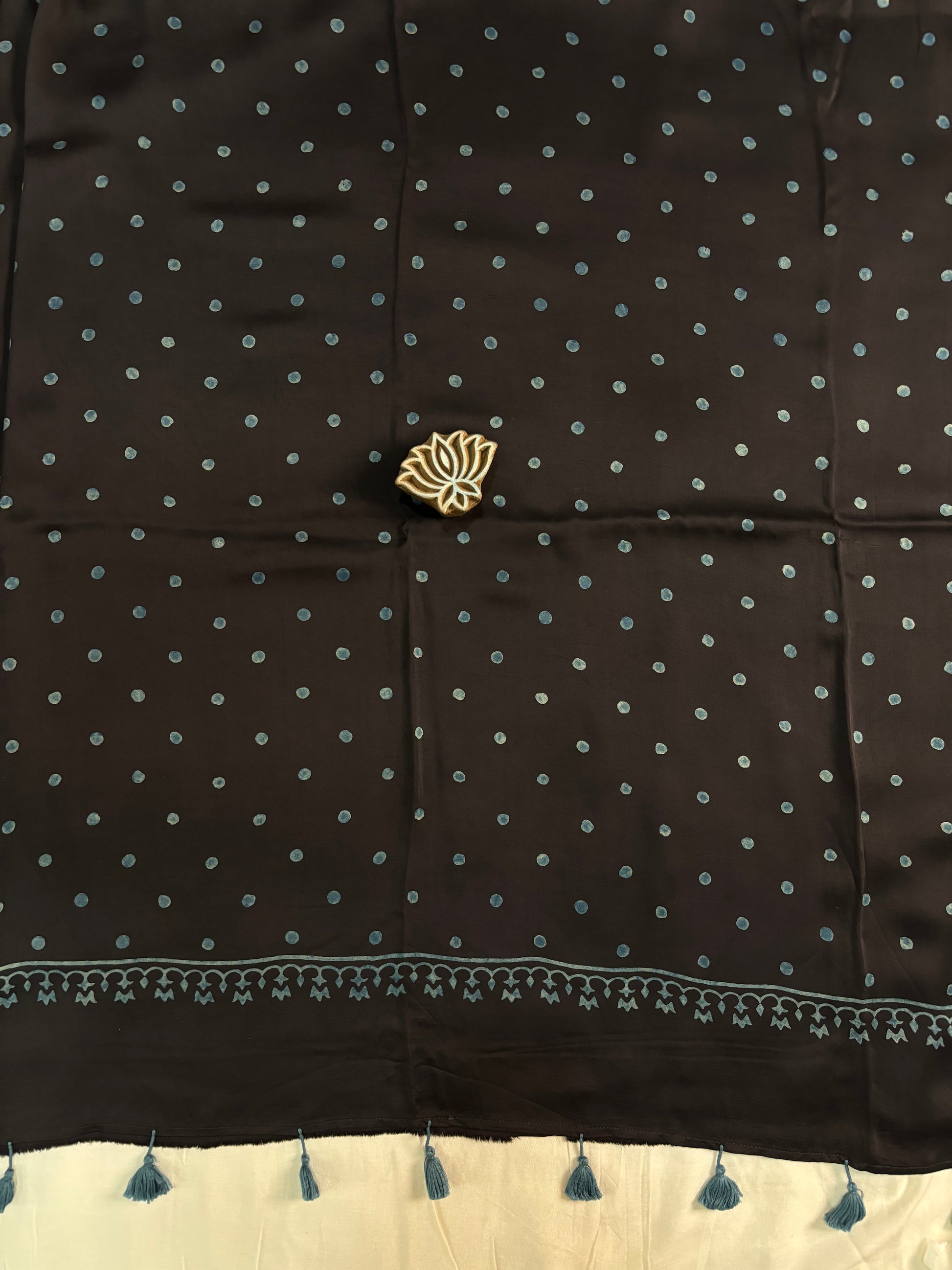 Black & Blue Polka Dots Ajrakh Hand Block Printed Saree - Earthy Blocks