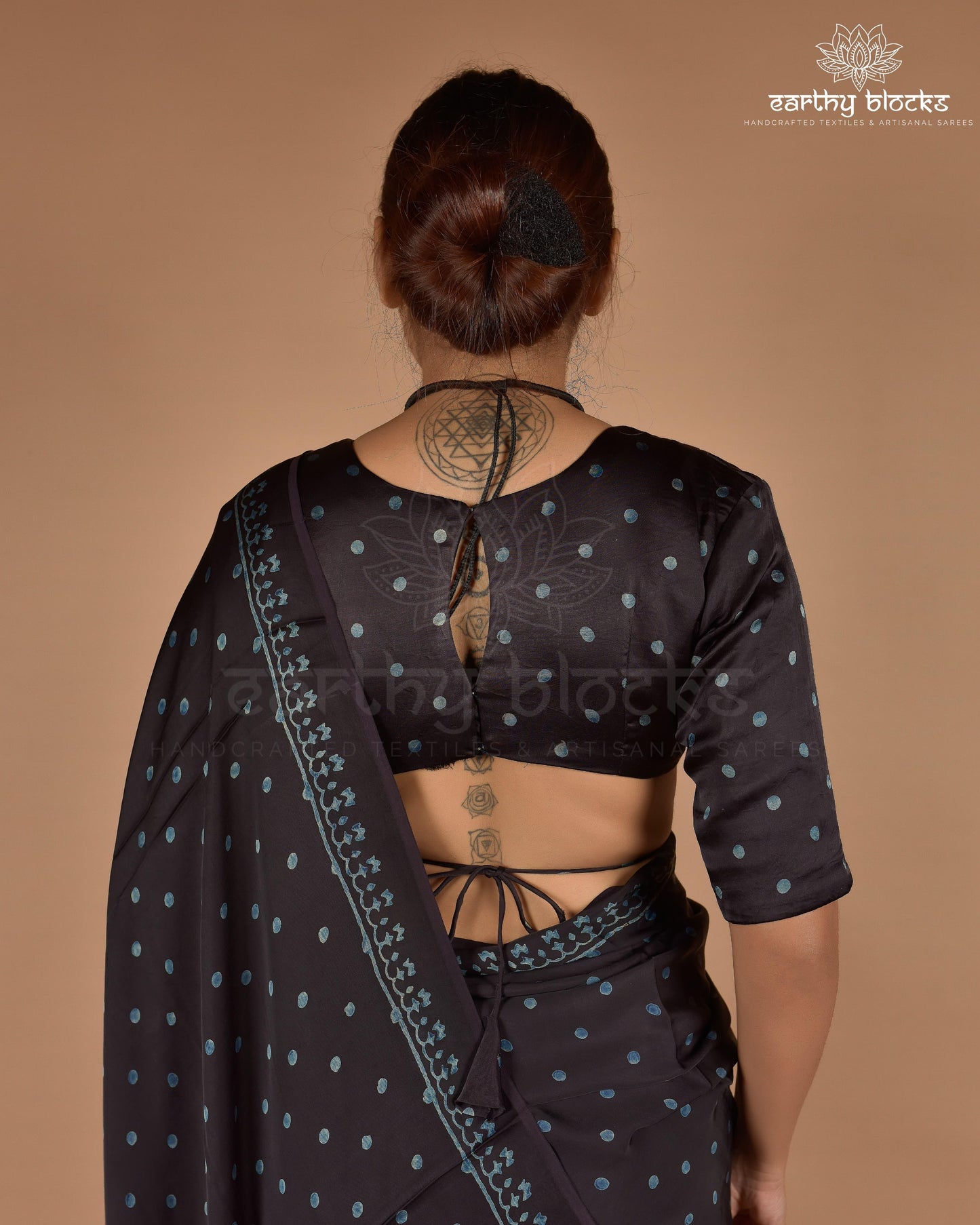 Black & Blue Polka Dots Ajrakh Hand Block Printed Saree - Earthy Blocks