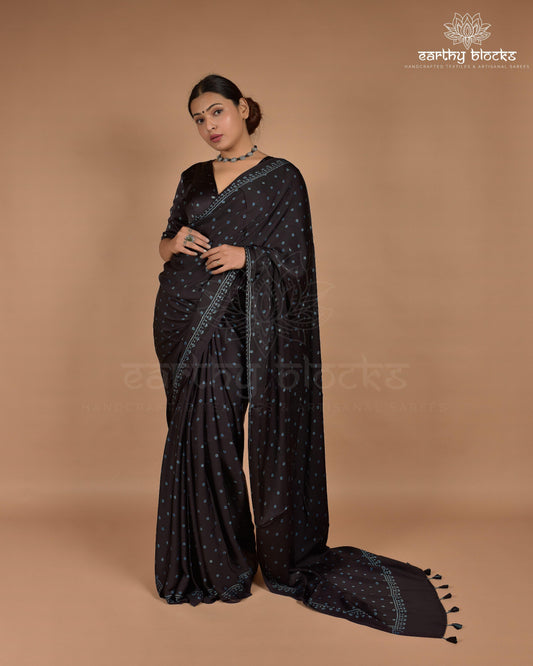 Black Blue Polka Dots Ajrakh Hand Block Printed Modal Silk Saree
