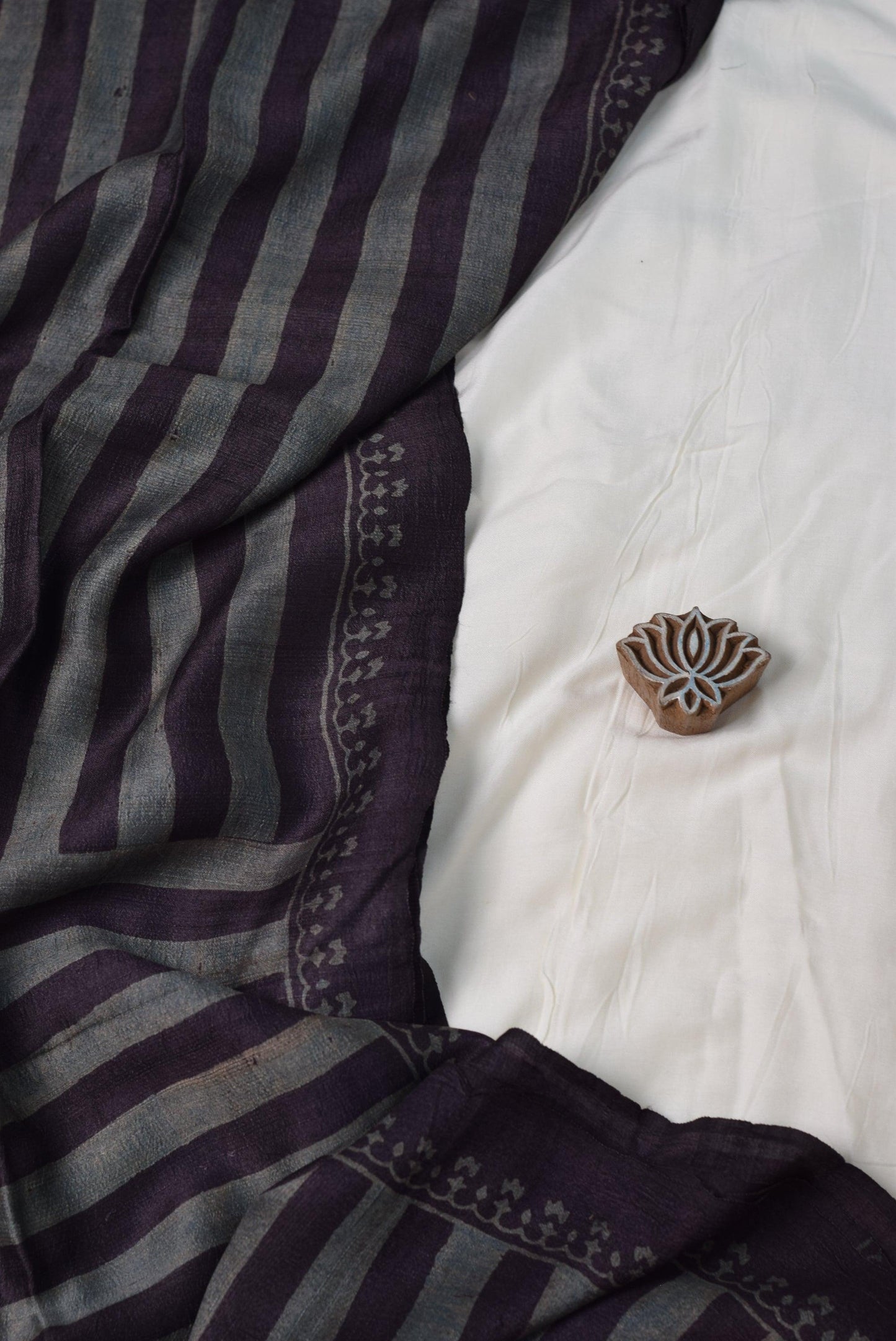 Ajrakh Stripes Handwoven Pure Tussar Hand Block Printed Silk Saree - Earthy Blocks