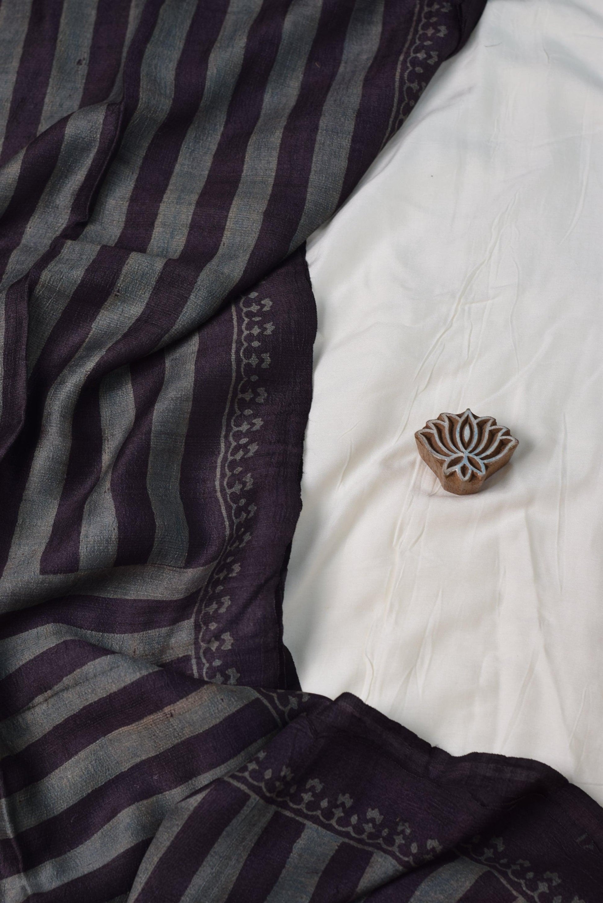 Ajrakh Stripes Handwoven Pure Tussar Hand Block Printed Silk Saree - Earthy Blocks
