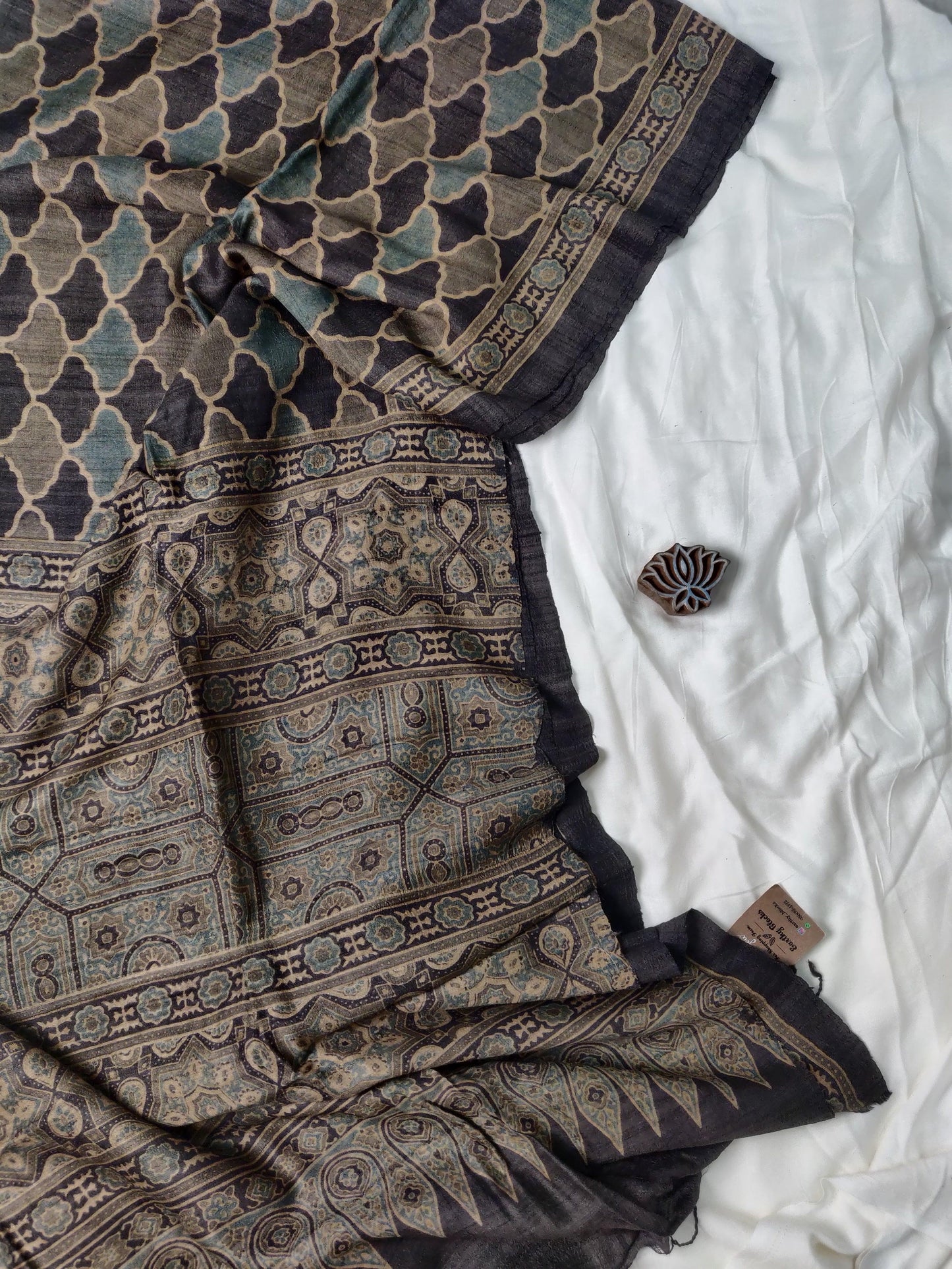 Ajrakh Hand Block Printed Pure Tussar Silk Saree - Earthy Blocks