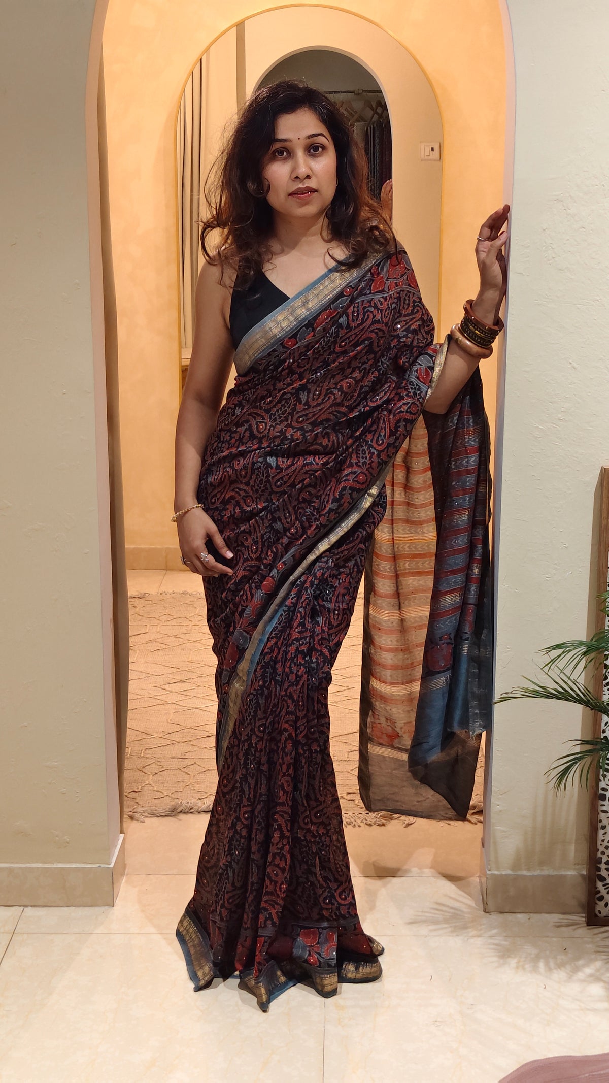 Greyish blue Chanderi Jahota print saree | Earthy Blocks