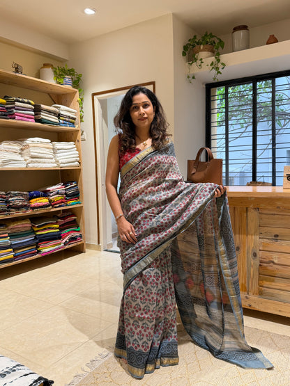 Vanaspati dye Hand Block Printed Chanderi Saree
