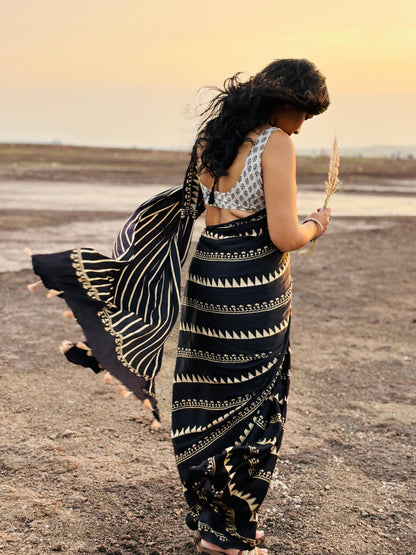 Black Ajrakh Hand Block Printed Modal Silk Saree - Earthy Blocks