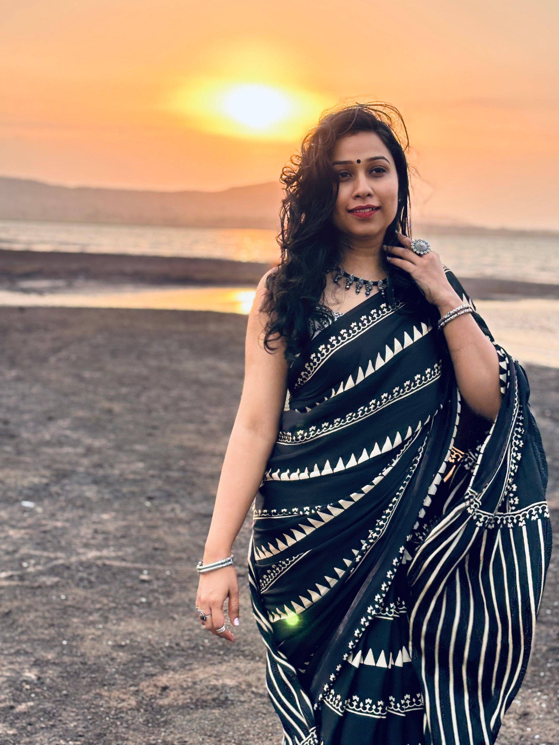 Black Ajrakh Hand Block Printed Modal Silk Saree — Earthy Blocks