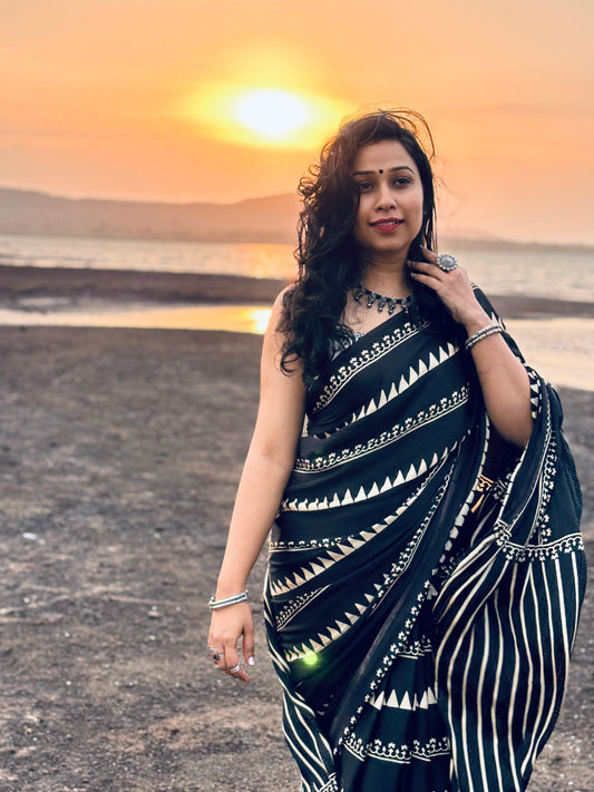 Black Ajrakh Hand Block Printed Modal Silk Saree — Earthy Blocks