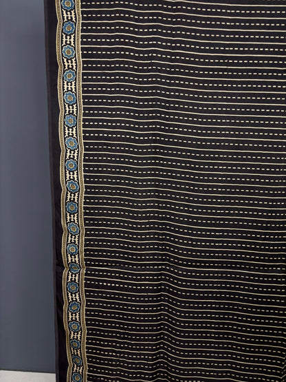 Olive Green & Black Ajrakh hand block Printed Modal Silk Saree - Earthy Blocks