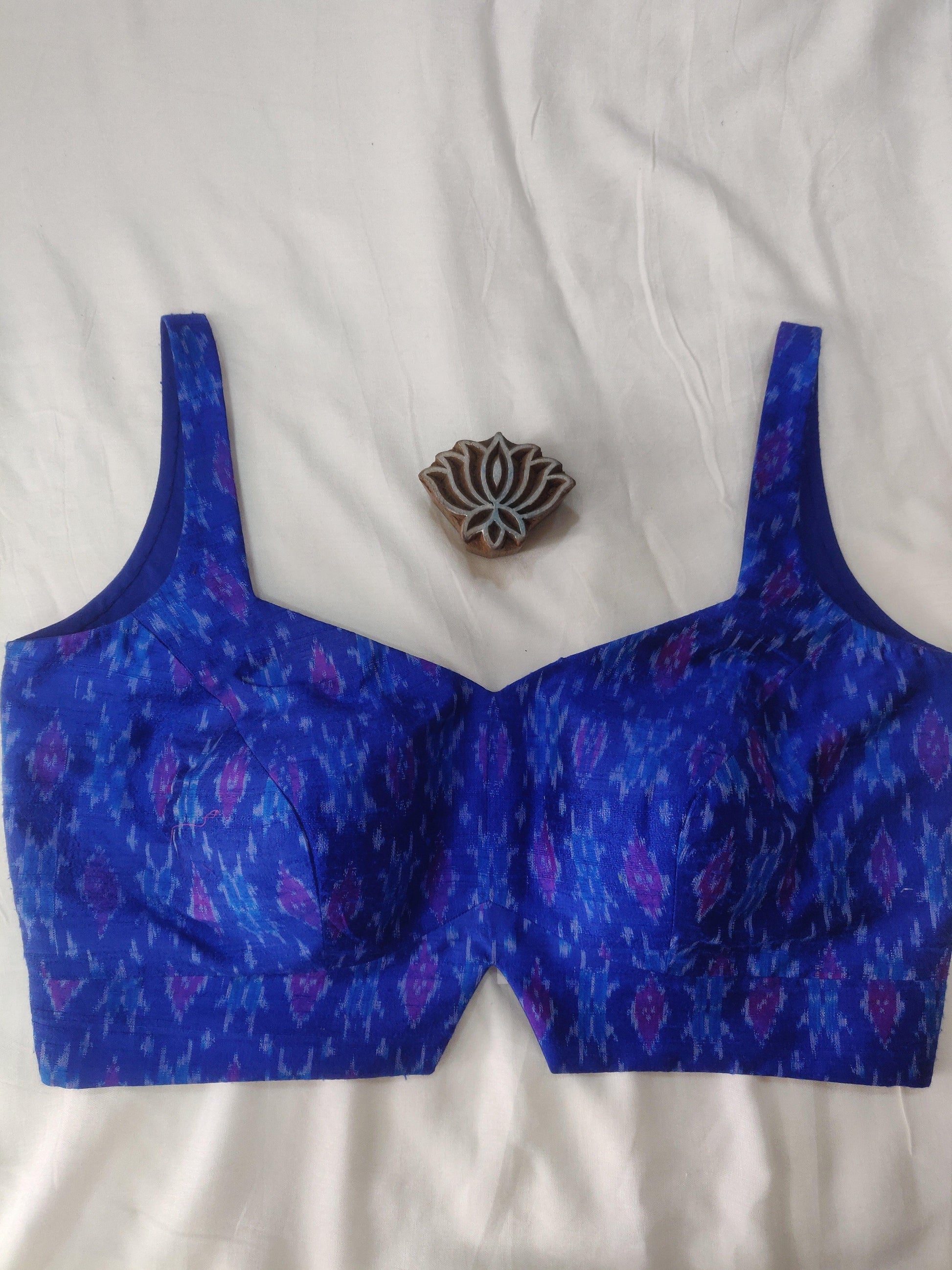 Royal Blue Handloom Ikat Raw Silk Sleeveless Blouse - Earthy Blocks