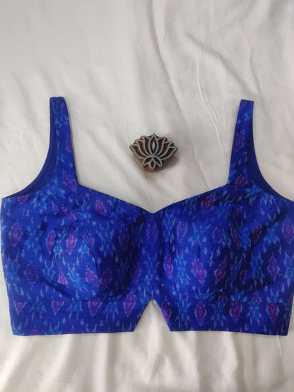 Royal Blue Handloom Ikat Raw Silk Sleeveless Blouse - Earthy Blocks