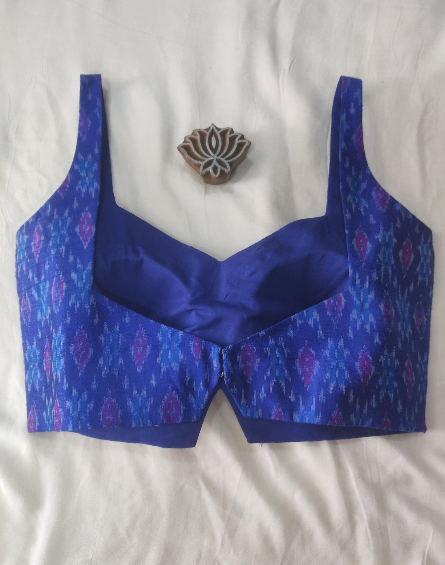 Royal Blue Handloom Ikat Raw Silk Sleeveless Blouse - Earthy Blocks