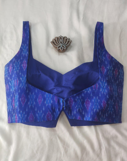 Royal Blue Handloom Ikat Raw Silk Sleeveless Blouse - Earthy Blocks