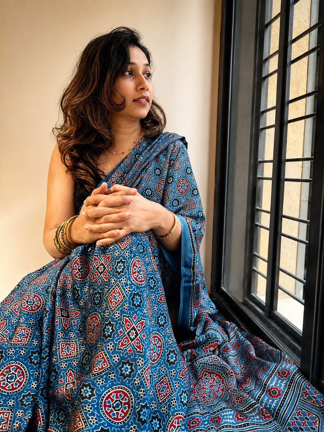 NEELKAMAL - Indigo Ajrakh Hand Block Printed Modal Silk Saree - Earthy Blocks