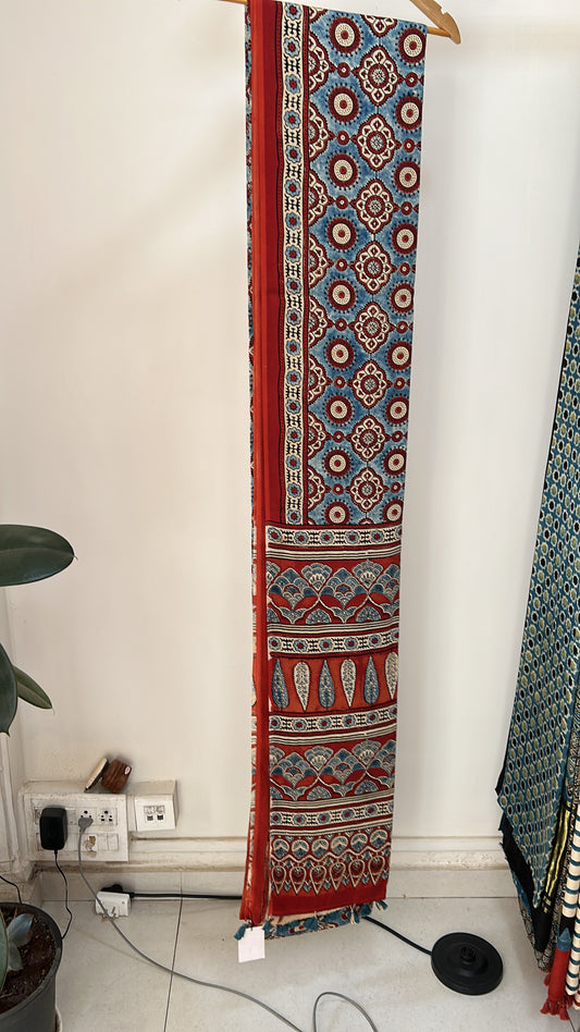 UDAN — Rust Red & Sky Blue Ajrakh Modal Silk Saree