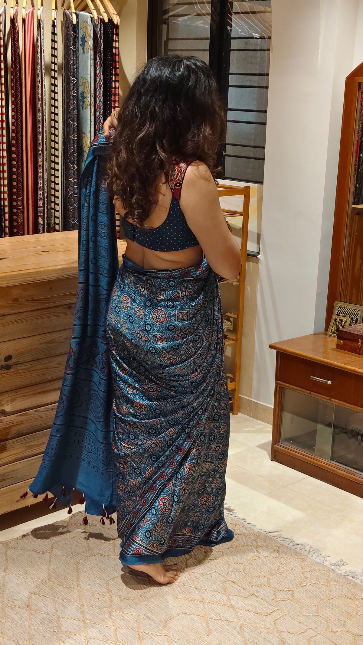 NEELKAMAL - Indigo Ajrakh Hand Block Printed Modal Silk Saree - Earthy Blocks