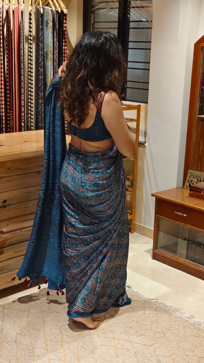 NEELKAMAL - Indigo Ajrakh Hand Block Printed Modal Silk Saree - Earthy Blocks