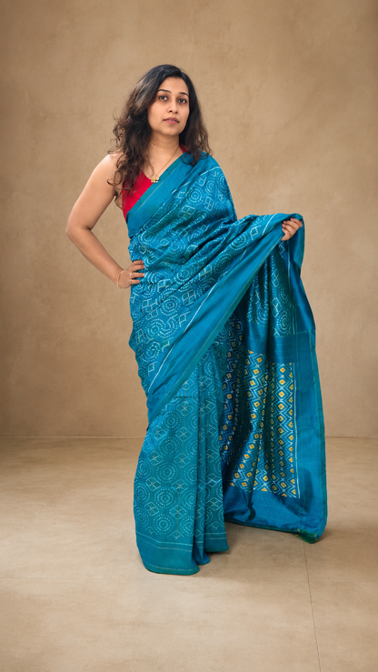 MEGHA — Teal Ikat Handloom Mulberry Silk Saree