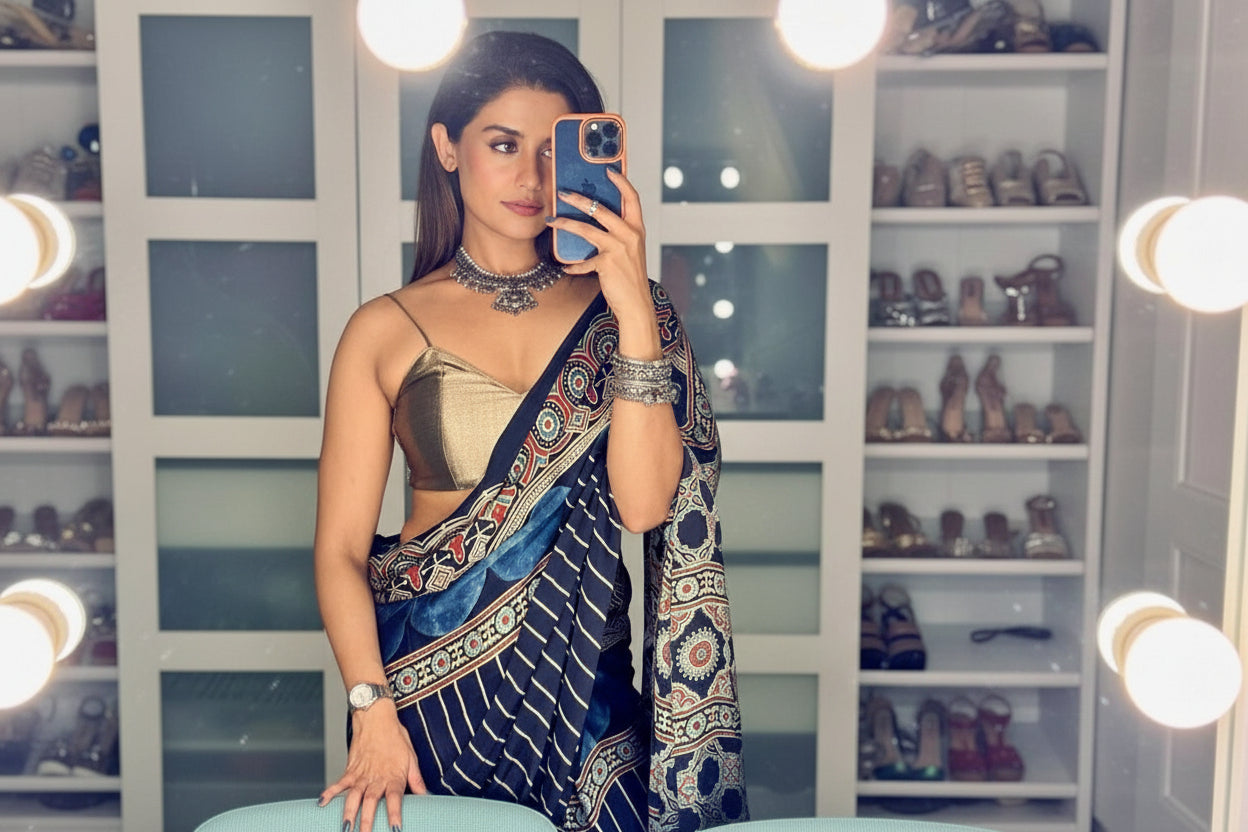 CHAAND Black Ajrakh Modal Silk Saree Hand Block Printed - Earthy Blocks