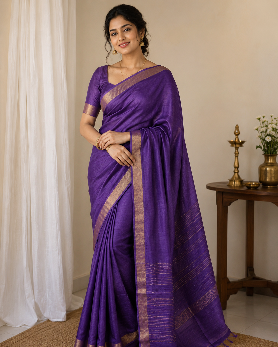 KUMUD — Deep Purple Munga Silk Saree with Gold Border & Pallu