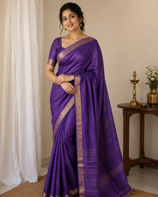 KUMUD — Deep Purple Munga Silk Saree with Gold Border & Pallu