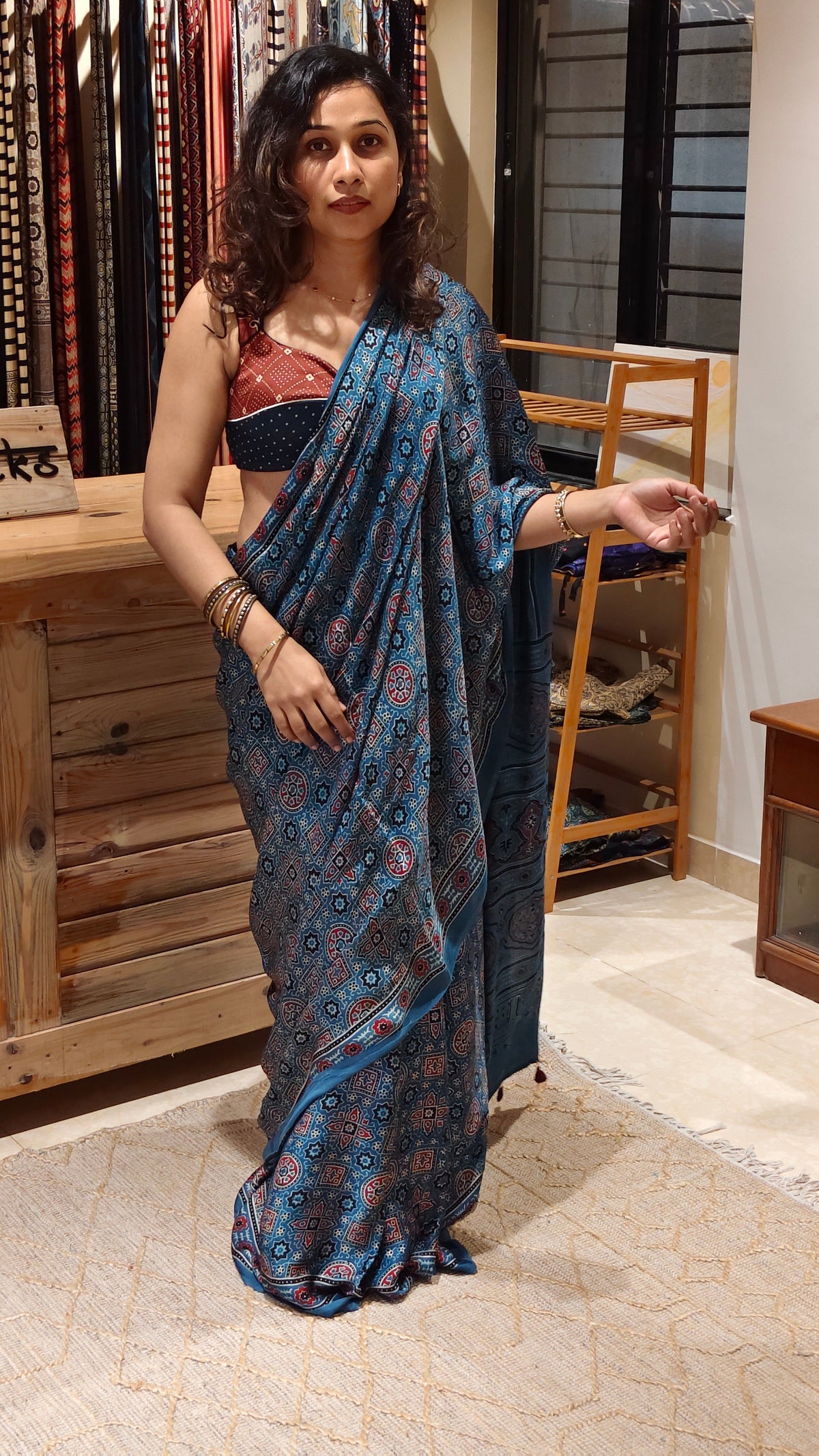 NEELKAMAL - Indigo Ajrakh Hand Block Printed Modal Silk Saree - Earthy Blocks